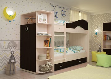Двухъярусная детская кровать Мая на щитах со шкафом и ящиками, корпус Млечный дуб, фасад Венге в Твери