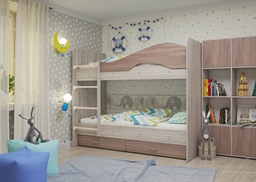 Детская двухъярусная кровать Мая с 2 ящиками на щитах, корпус Шимо светлый, фасад Шимо темный в Твери