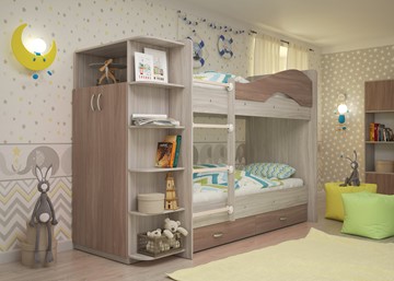 Двухэтажная кровать Мая на щитах со шкафом и ящиками, корпус Шимо светлый, фасад Шимо темный в Твери