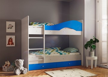 Детская 2-ярусная кровать Мая с 2 ящиками на щитах, корпус Млечный дуб, фасад Синий в Твери