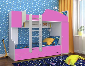 Детская кровать-шкаф Юниор-2, каркас Белое дерево, фасад Розовый в Твери