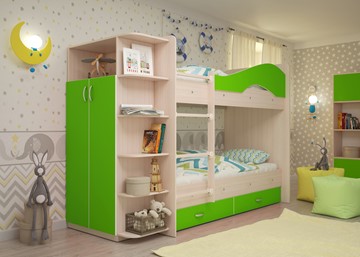 Двухэтажная детская кровать Мая на щитах со шкафом и ящиками, корпус Млечный дуб, фасад Салатовый в Твери