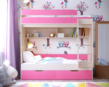 Детская 2-этажная кровать Ярофф Юниор-5, каркас Дуб, фасад Розовый в Твери
