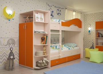 Кровать 2-ярусная ТМК Мая на щитах со шкафом и ящиками, корпус Млечный дуб, фасад Оранжевый в Твери