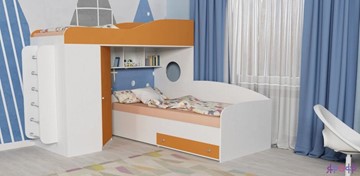 Детская кровать-шкаф Кадет-2 с металлической лестницей, корпус Белое дерево, фасад Оранжевый в Твери