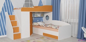 Кровать-чердак в детскую Кадет-2 с универсальной лестницей, корпус Белое дерево, фасад Оранжевый в Твери