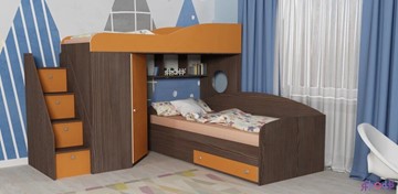 Детская кровать-шкаф Кадет-2 с универсальной лестницей, корпус Ясень анкор темный, фасад Оранжевый в Твери