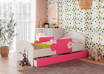 Детская кровать с ящиком и бортиками Мозайка, корпус Белый/фасад Розовый (ламели) в Твери