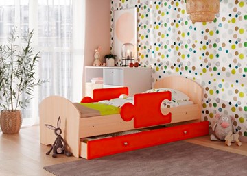 Кровать детская с бортиками и ящиком Мозайка, корпус Млечный дуб/фасад Оранжевый (ламели) в Твери