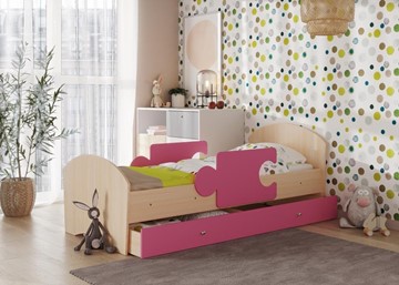 Кровать детская с бортиками и ящиком Мозайка, корпус Млечный дуб/фасад Розовый (ламели) в Твери