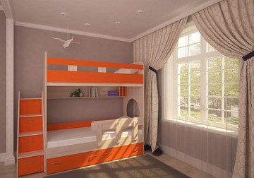 Двухъярусная кровать Ярофф Юниор-1 с бортом, каркас Дуб, фасад Оранжевый в Твери