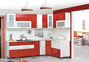 Угловой кухонный гарнитур Мыло 224 2600х1600, цвет Красный/Белый металлик в Твери
