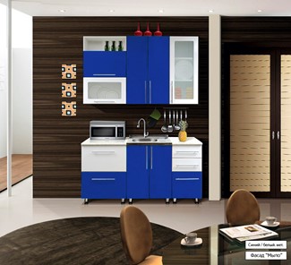 Кухня маленькая Мыло 224 1600х718, цвет Синий/Белый металлик в Твери