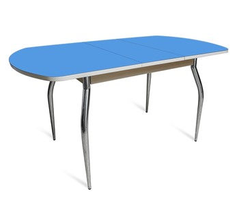 Кухонный раскладной стол ПГ-07 СТ2, дуб молочный/синие стекло/35 хром гнутые металл в Твери