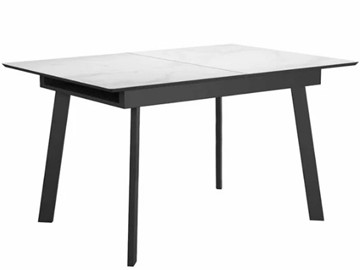 Стеклянный кухонный стол раздвижной DikLine SFH125 стекло Оптивайт Белый мрамор/подстолье черное в Твери