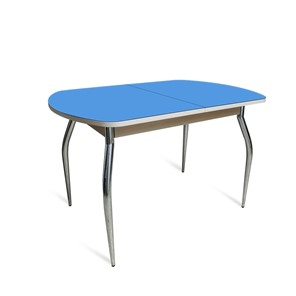Кухонный обеденный стол ПГ-06 СТ2, дуб молочный/синие стекло/35 хром гнутые металл в Твери