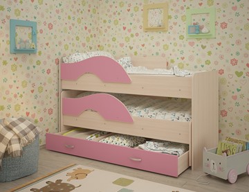 Детская 2-х ярусная кровать Радуга 1.6 с ящиком, корпус Млечный дуб, фасад Розовый в Твери