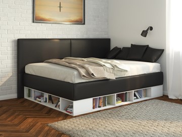 Кровать подростковая Lancaster 1, 140х200, ЛДСП белая, экокожа черная в Твери
