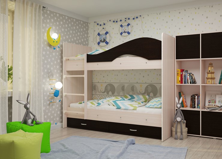 Детская  двухъярусная кровать Мая с 2 ящиками на щитах, корпус Млечный дуб, фасад Венге в Твери - изображение 1