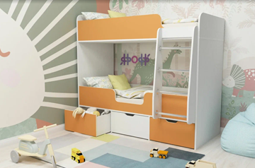 Детская 2-этажная кровать Малыш двойняшка 70х160, корпус Белое дерево, фасад Оранжевый в Твери