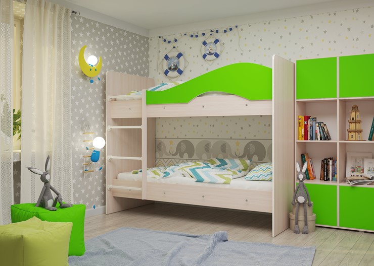 Детская двухэтажная кровать Мая на щитах, корпус Млечный дуб, фасад Салатовый в Твери - изображение 1