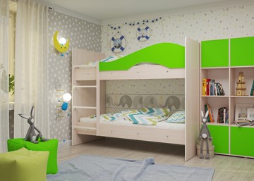 Двухэтажная детская кровать Мая на щитах со шкафом и ящиками, корпус Млечный дуб, фасад Салатовый в Твери - предосмотр 2