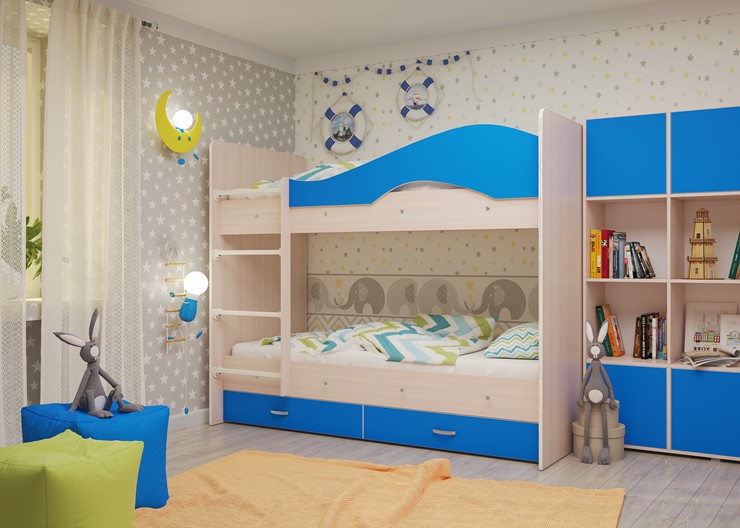 Детская 2-х ярусная кровать Мая на щитах со шкафом и ящиками, корпус Млечный дуб, фасад Синий в Твери - изображение 2