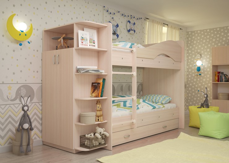 Детская двухэтажная кровать Мая с 2 ящиками на щитах, цвет Млечный дуб в Твери - изображение 2