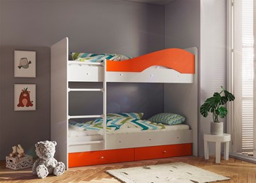 Двухъярусная кровать Мая с 2 ящиками на щитах, корпус Млечный дуб, фасад Оранжевый в Твери - предосмотр