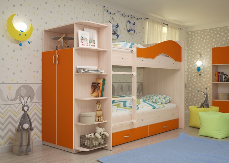 Двухъярусная кровать Мая с 2 ящиками на щитах, корпус Млечный дуб, фасад Оранжевый в Твери - изображение 1