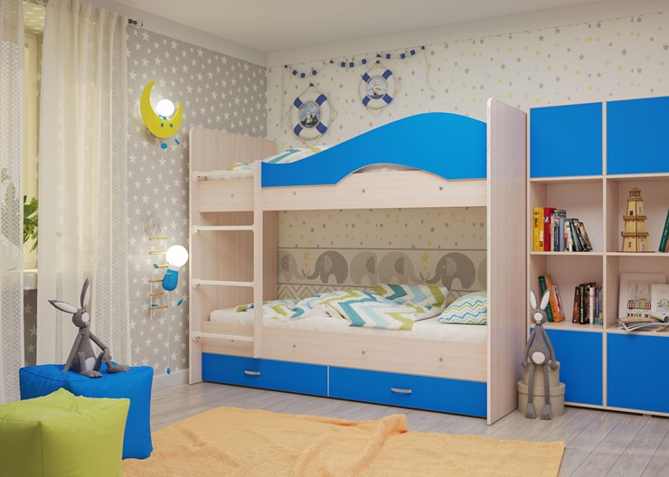 Детская 2-ярусная кровать Мая с 2 ящиками на щитах, корпус Млечный дуб, фасад Синий в Твери - изображение 3
