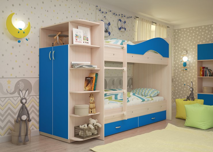 Детская 2-ярусная кровать Мая с 2 ящиками на щитах, корпус Млечный дуб, фасад Синий в Твери - изображение 1