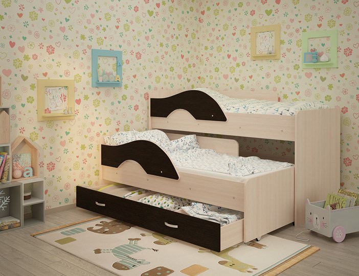 Детская 2-ярусная кровать Радуга 1.6 с ящиком, корпус Млечный дуб, фасад Венге в Твери - изображение 1
