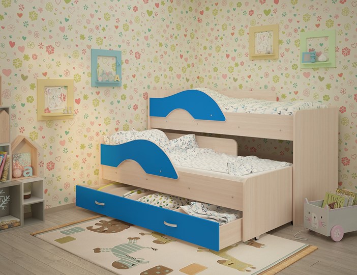 Двухэтажная детская кровать Радуга 1.6 с ящиком, корпус Млечный дуб, фасад Синий в Твери - изображение 1