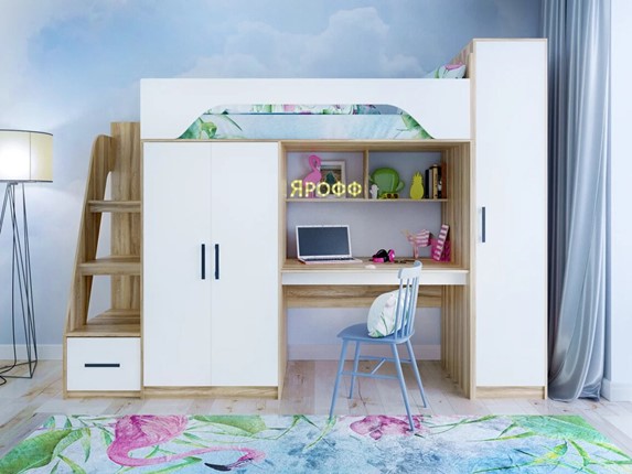 Кровать-чердак с шкафом Тея, каркас Ясень, фасад Белый в Твери - изображение