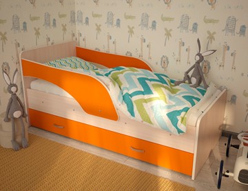 Детская кровать с бортиками Максимка, корпус Млечный дуб, фасад Оранжевый в Твери - предосмотр