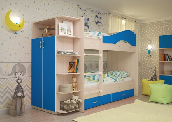 Детская 2-х ярусная кровать Мая на щитах со шкафом и ящиками, корпус Млечный дуб, фасад Синий в Твери - изображение