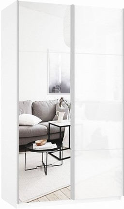Шкаф 2-х створчатый Прайм (Зеркало/Белое стекло) 1400x570x2300, белый снег в Твери - изображение