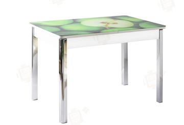 Кухонный стол раздвижной Айсберг-01 СТФ, белый/фотопечать зеленые яблоки/ноги хром квадратные в Твери