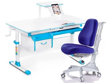 Комплект растущая парта + стул Mealux EVO Evo-40 BL (арт. Evo-40 BL + Y-528 SB) / (стол+полка+кресло) / белая столешница / цвет пластика голубой в Твери